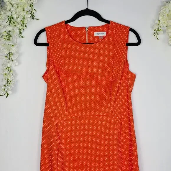 Calvin Klein Sheath Dress 10 Orange Polka Dot Sleeveless Preppy Modern Career - Picture 5 of 14